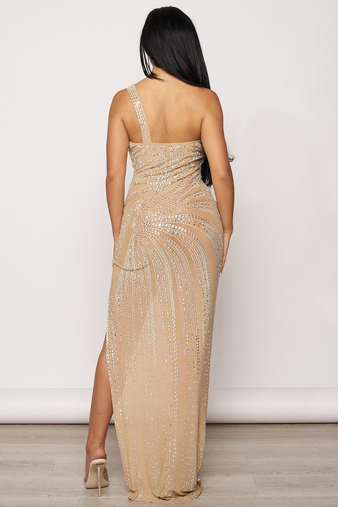 Asymmetric Off Shoulder Rhinestone Maxi Dress - Nude - SohoGirl.com